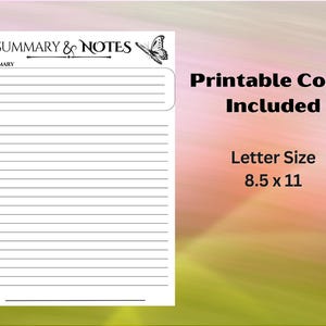 Puede incluir: Una p&aacute;gina imprimible de resumen y notas con un gr&aacute;fico de mariposa. La p&aacute;gina incluye secciones para un breve resumen y notas, con una l&iacute;nea de t&iacute;tulo del libro. El tama&ntilde;o de la carta es de 21,6 x 27,9 cm.