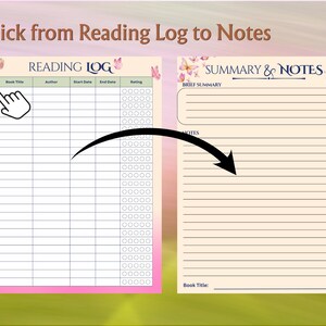 Puede incluir: Una plantilla digital de registro de lectura y notas con un borde rosa. El registro de lectura incluye campos para el t&iacute;tulo del libro, el autor, las fechas de inicio y finalizaci&oacute;n y una secci&oacute;n de calificaci&oacute;n. La secci&oacute;n de notas tiene l&iacute;neas para un breve resumen y notas adicionales.