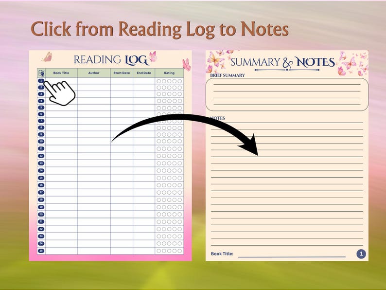 Puede incluir: Una plantilla digital de registro de lectura y notas con un borde rosa. El registro de lectura incluye campos para el t&iacute;tulo del libro, el autor, las fechas de inicio y finalizaci&oacute;n y una secci&oacute;n de calificaci&oacute;n. La secci&oacute;n de notas tiene l&iacute;neas para un breve resumen y notas adicionales.