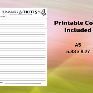 Puede incluir: Una p&aacute;gina A5 imprimible en blanco para res&uacute;menes y notas con espacios con l&iacute;neas para escribir. La p&aacute;gina incluye el texto "SUMMARY & NOTES", "BRIEF SUMMARY", "NOTES" y "Book Title:". Las dimensiones son 14,8 x 21 cm.