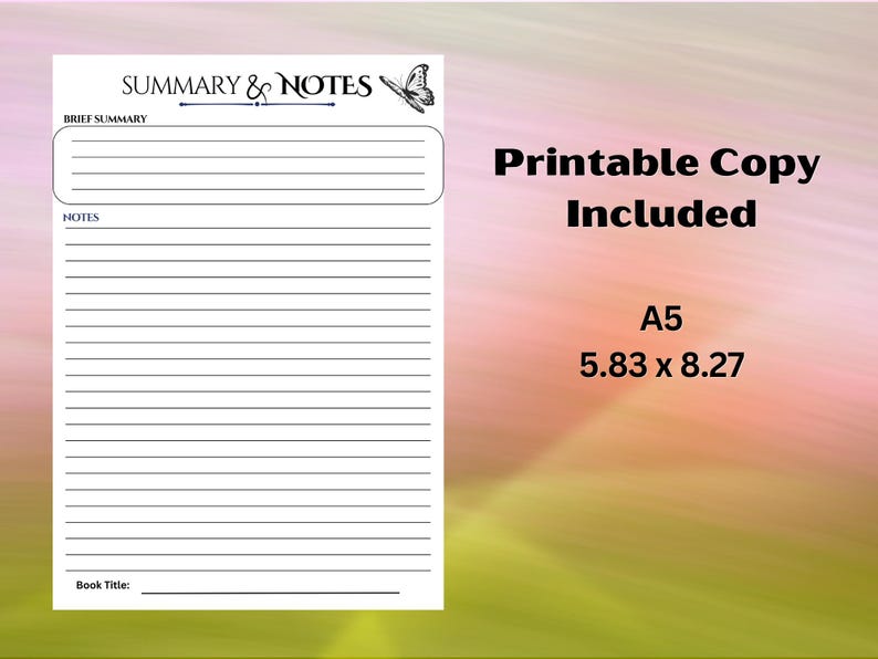 Puede incluir: Una p&aacute;gina A5 imprimible en blanco para res&uacute;menes y notas con espacios con l&iacute;neas para escribir. La p&aacute;gina incluye el texto "SUMMARY & NOTES", "BRIEF SUMMARY", "NOTES" y "Book Title:". Las dimensiones son 14,8 x 21 cm.