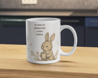 Bunny Existential Crisis Mug | Funny Coffee Mug, Cute Rabbit Coffee Cup, Emotional Support Coffee Mug, Cozy Introvert Gift