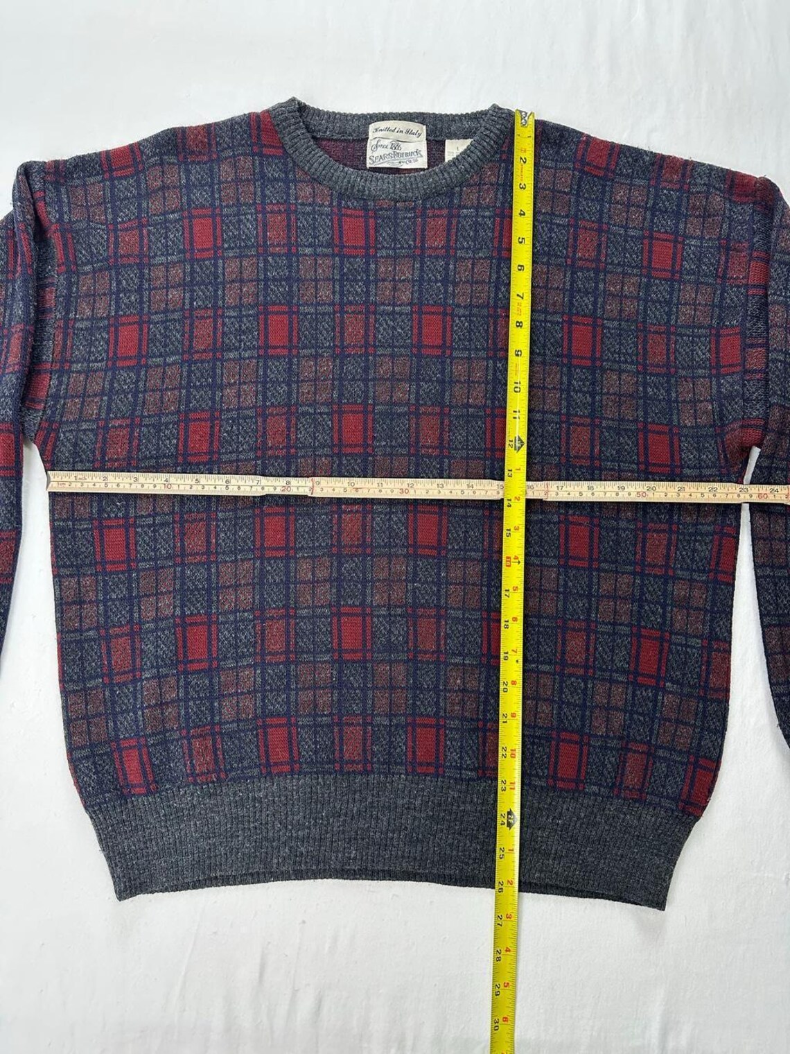 Sears Roebuck Knitted In Italy Plaid Wool Blend Sweater Vintage Large Italy Made, foto 3 di 5