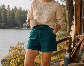 Vintage Eddie Bauer turquoise corduroy shorts voor dames, maat 8, hoge taille, outdoor, heritage, cabin, gorpcore, jaren 90, casual, zomer