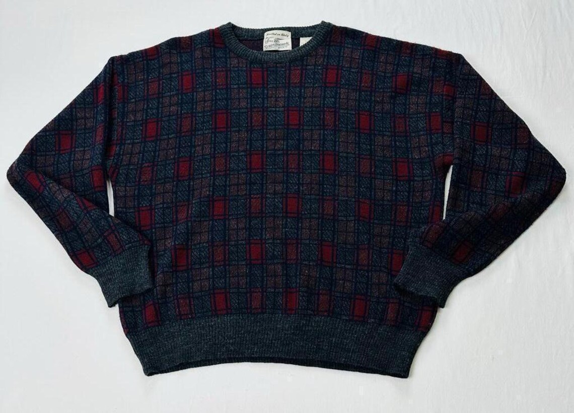 Sears Roebuck Knitted In Italy Plaid Wool Blend Sweater Vintage Large Italy Made, foto 2 di 5