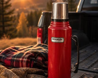 Garrafa térmica vintage Stanley Classic vermelha com isolamento a vácuo para camping, caminhadas e trabalho.
