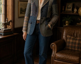 Vintage International Scene Patchwork Tweed Blazer Women’s 10 Wool Suede Collar