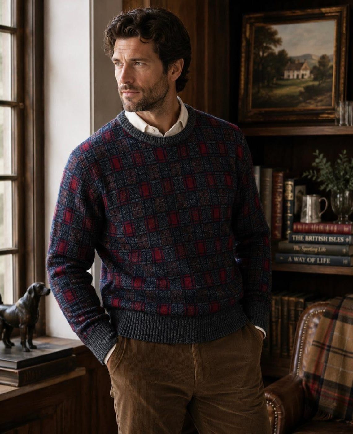 Sears Roebuck Knitted In Italy Plaid Wool Blend Sweater Vintage Large Italy Made, foto 1 di 5