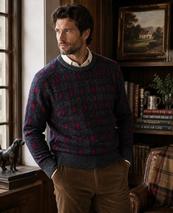 Sears Roebuck Knitted In Italy Plaid Wool Blend Sweater Vintage Large Italy Made