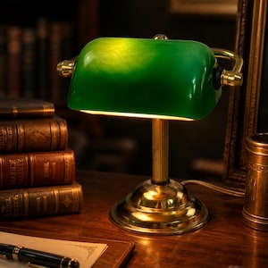 May include: A banker's lamp featuring a polished brass base and a cylindrical green glass shade. The lamp has a vertical fluted stem, a rounded metal frame holding the shade, and emits a warm light from beneath the glass, illuminating the desk.
