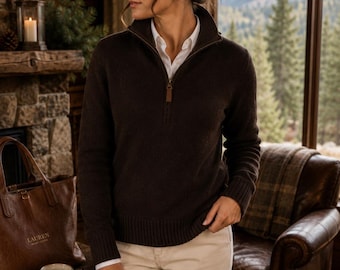 Lauren Ralph Lauren Vintage Brown Quarter-Zip Sweater XL Made in Hong Kong