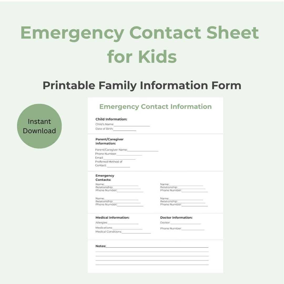 Emergency Contact Sheet for Kids Printable | Family Information Form ...
