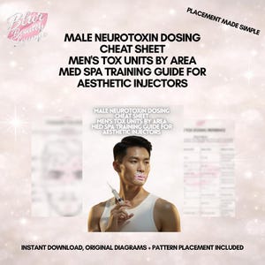 May include: A digital guide with the text "MALE NEUROTOXIN DOSING CHEAT SHEET" and "MEN'S TOX UNITS BY AREA". The image includes a man holding a syringe, with the words "PLACEMENT MADE SIMPLE" and "INSTANT DOWNLOAD, ORIGINAL DIAGRAMS + PATTERN PLACEMENT INCLUDED".