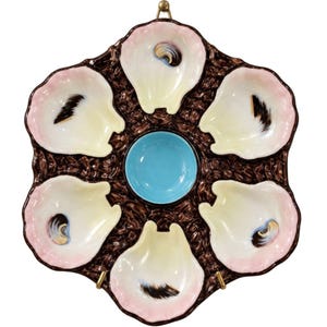 Antique French Limoges Porcelain Oyster Plate, Pink and Turquoise Shell Wells, Majolica Style Plate Wall Decor