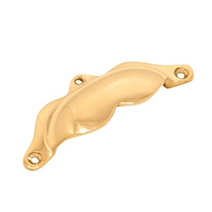 May include: A polished brass drawer pull with a curved, flowing design. The handle features two mounting points on each end and a smooth, reflective surface. This hardware is suitable for cabinets, drawers, or other furniture.