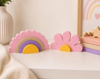 Pastel Nursery Decor Set, Rainbow and Daisy Shelf Decor for Baby Girl Room, Boho Kids Bookshelf Accessories, Daycare Classroom Decor