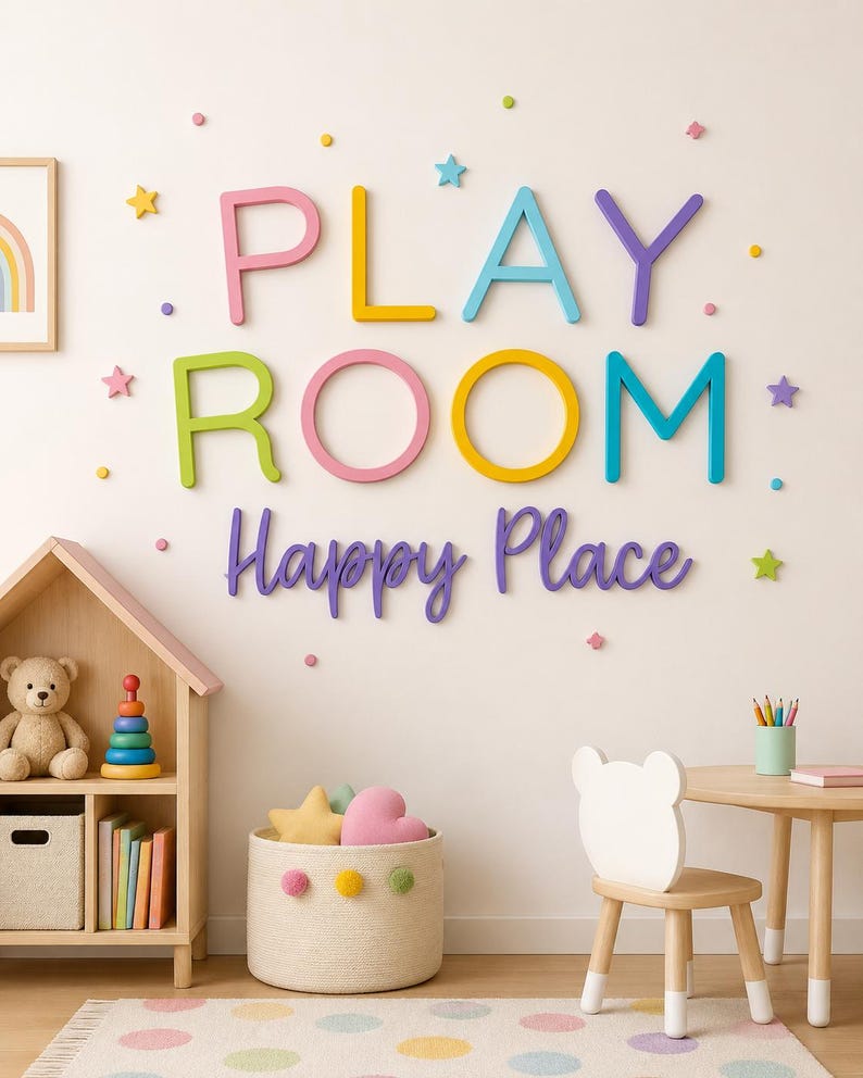 Colorful PLAYROOM and Happy Place wall sign styled in a kids playroom