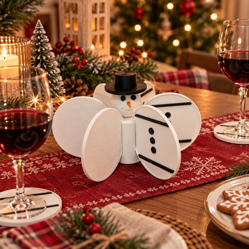 May include: A white snowman-shaped coaster holder with a black top hat, orange carrot nose, and black button details. The holder features four circular slots for storing white coasters, each decorated with two horizontal black lines and three black dots.