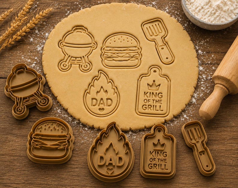 May include: A set of four brown plastic cookie cutters featuring a grill, a hamburger, a flame shape with the text DAD, and a rectangular plaque with the text KING OF THE GRILL. The cutters are shown alongside impressions made in cookie dough.