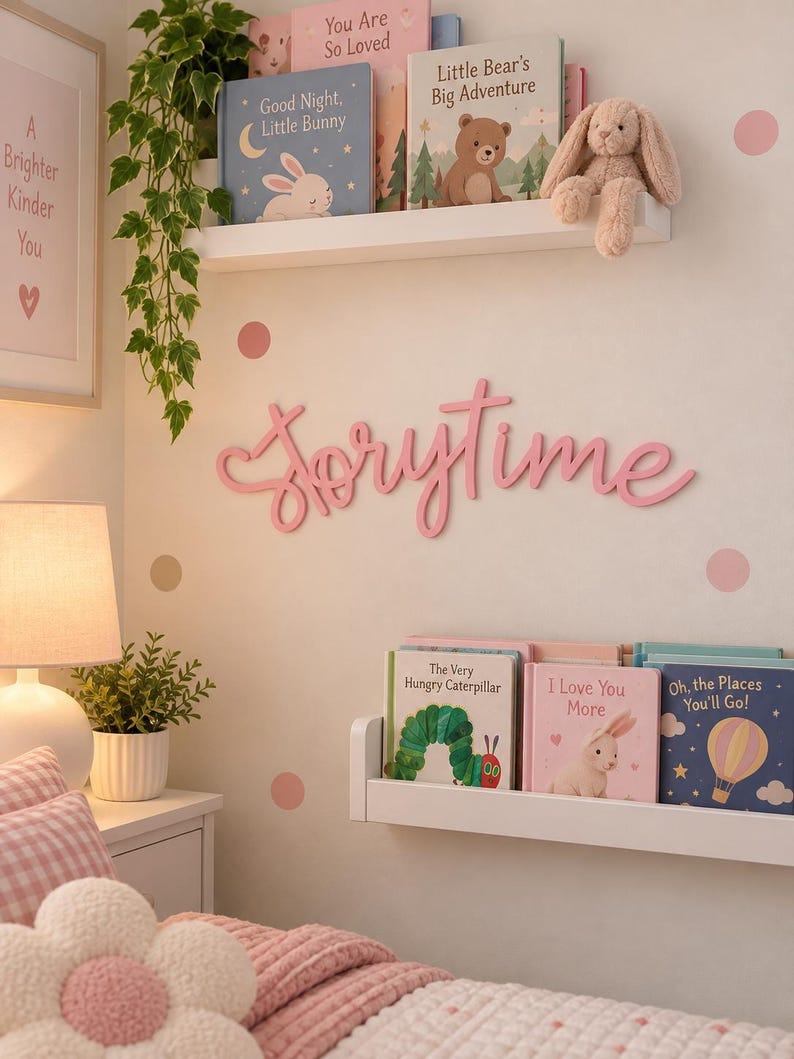 Pink Storytime wall sign above a kids bookshelf with picture books