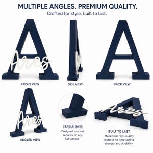 May include: A navy blue wooden letter "A" with the name "Ares" in white script. The image shows multiple angles of the decorative item, including front, side, back, and angled views. The text in the image says "Multiple Angles. Premium Quality."