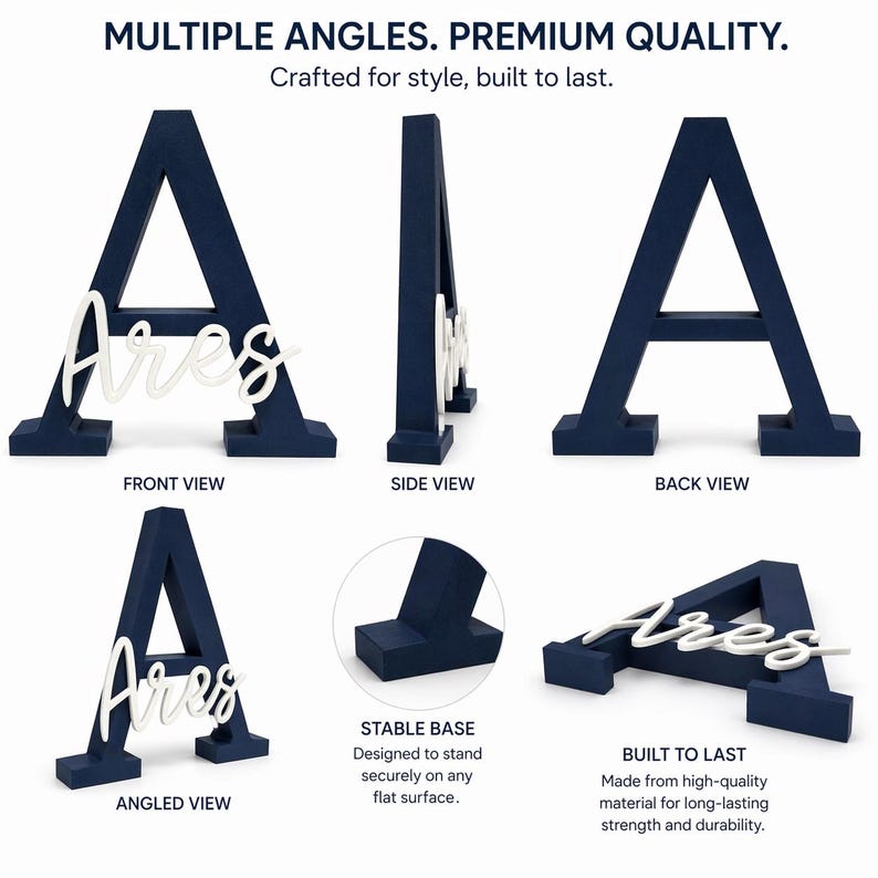 May include: A navy blue wooden letter "A" with the name "Ares" in white script. The image shows multiple angles of the decorative item, including front, side, back, and angled views. The text in the image says "Multiple Angles. Premium Quality."