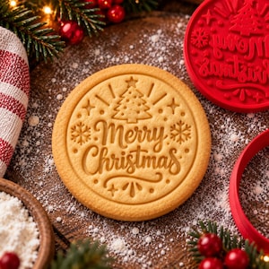 May include: A round, light-tan cookie embossed with the text Merry Christmas, a central pine tree, and snowflake accents. The cookie is positioned on a dark wooden surface dusted with white flour, alongside a red circular cookie cutter.