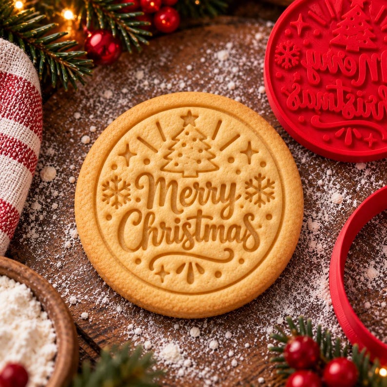 Round cookie embossed with Merry Christmas and a pine tree, beside a red cookie cutter