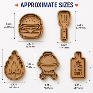 May include: A set of five tan cookie cutters featuring a burger, spatula, flame with the text DAD, a grill, and a rectangular board with the text KING OF THE GRILL. Dimensions are provided in inches, ranging from 1.80 to 3.28 inches in height.