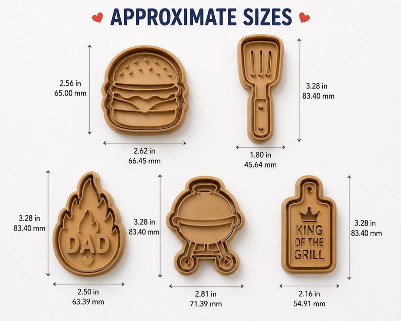 May include: A set of five tan cookie cutters featuring a burger, spatula, flame with the text DAD, a grill, and a rectangular board with the text KING OF THE GRILL. Dimensions are provided in inches, ranging from 1.80 to 3.28 inches in height.