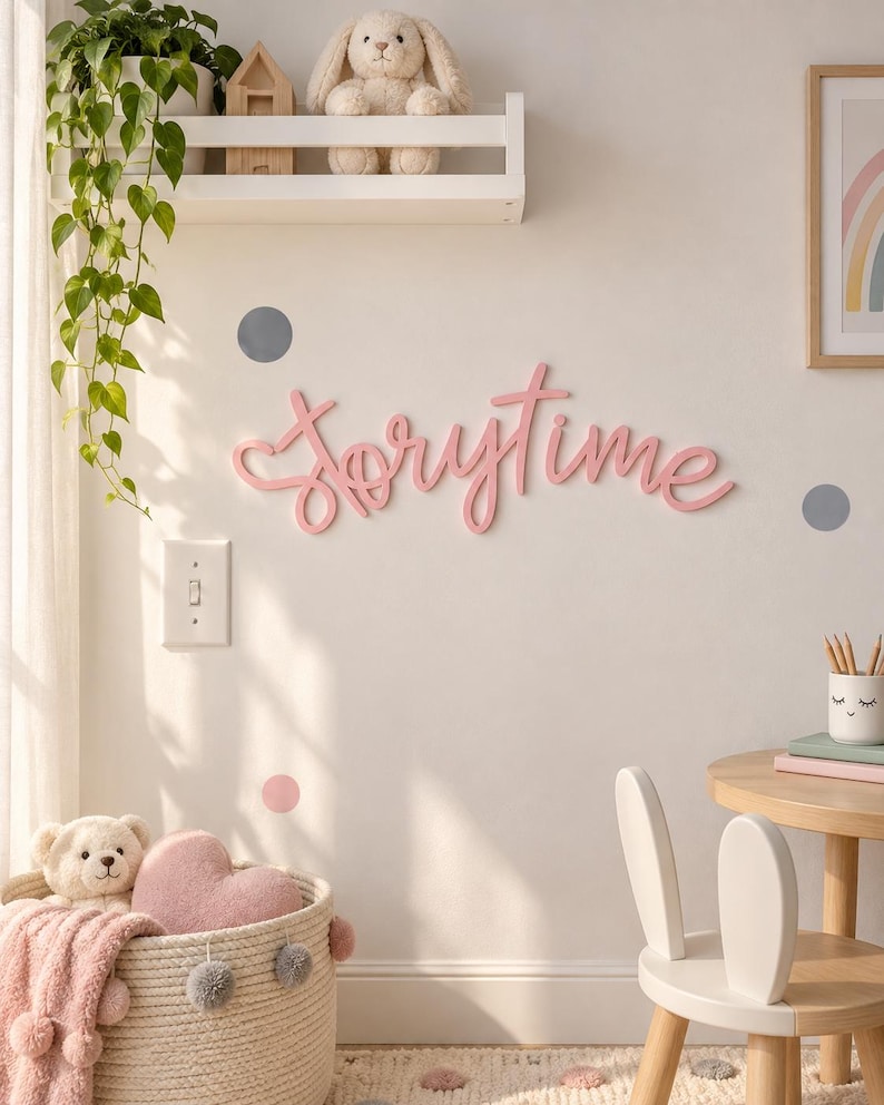 May include: A pink script wall sign reading "storytime" mounted on a wall, accompanied by grey and pink circular wall decals. The scene includes a white shelf with a plush rabbit, a woven basket with a pink heart pillow, and a wooden chair.
