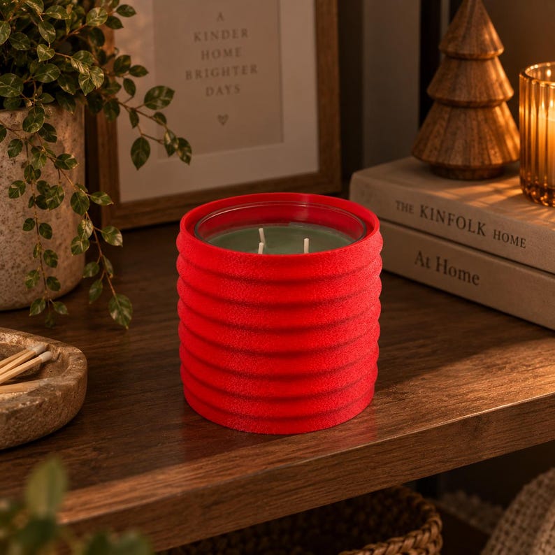 Puede incluir: Un portavelas cil&iacute;ndrico de color rojo vibrante con un exterior texturizado y acanalado. El soporte contiene un recipiente de vidrio lleno de cera verde y presenta tres mechas blancas visibles, ofreciendo una vista clara del interior.