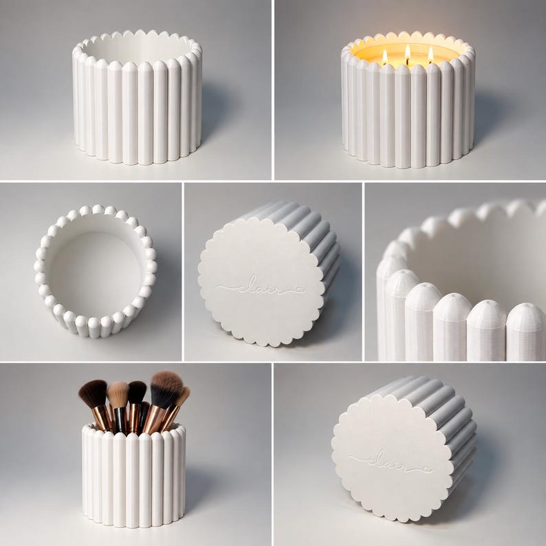 May include: A white cylindrical container with a vertical ribbed exterior and a scalloped top edge. The base features the embossed cursive text "claire". It is shown empty, as a candle with three lit wicks, and as a holder for makeup brushes.