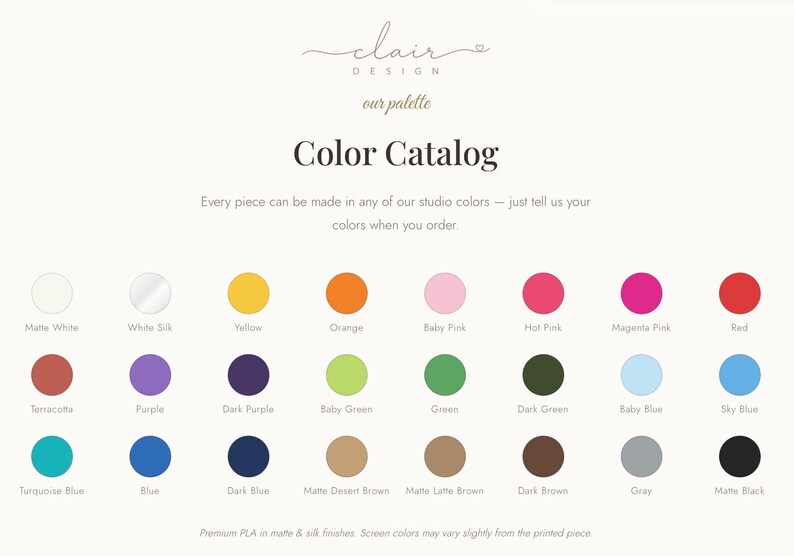 May include: A color catalog chart from Clair Design displaying twenty-four circular color swatches with labels including Matte White, White Silk, Yellow, Orange, Baby Pink, Hot Pink, Magenta Pink, Red, Terracotta, Purple, Dark Purple, Baby Green, Green, Dark Green, Baby Blue, Sky Blue, Turquoise Blue, Blue, Dark Blue, Matte Desert Brown, Matte Latte Brown, Dark Brown, Gray, and Matte Black.