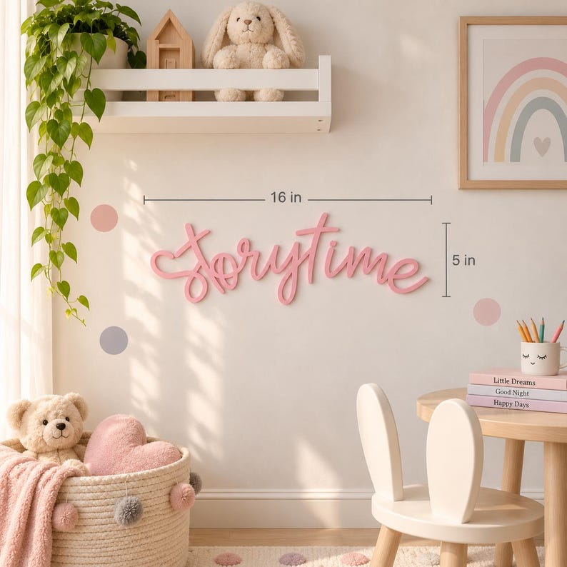 May include: A pink script wall sign featuring the word "storytime" in a cursive font. The sign measures 16 inches in width and 5 inches in height, as indicated by the visible measurement lines and text printed directly on the wall.