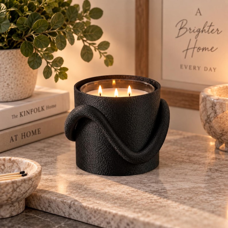 Black textured 3-wick candle holder with sculpted loop