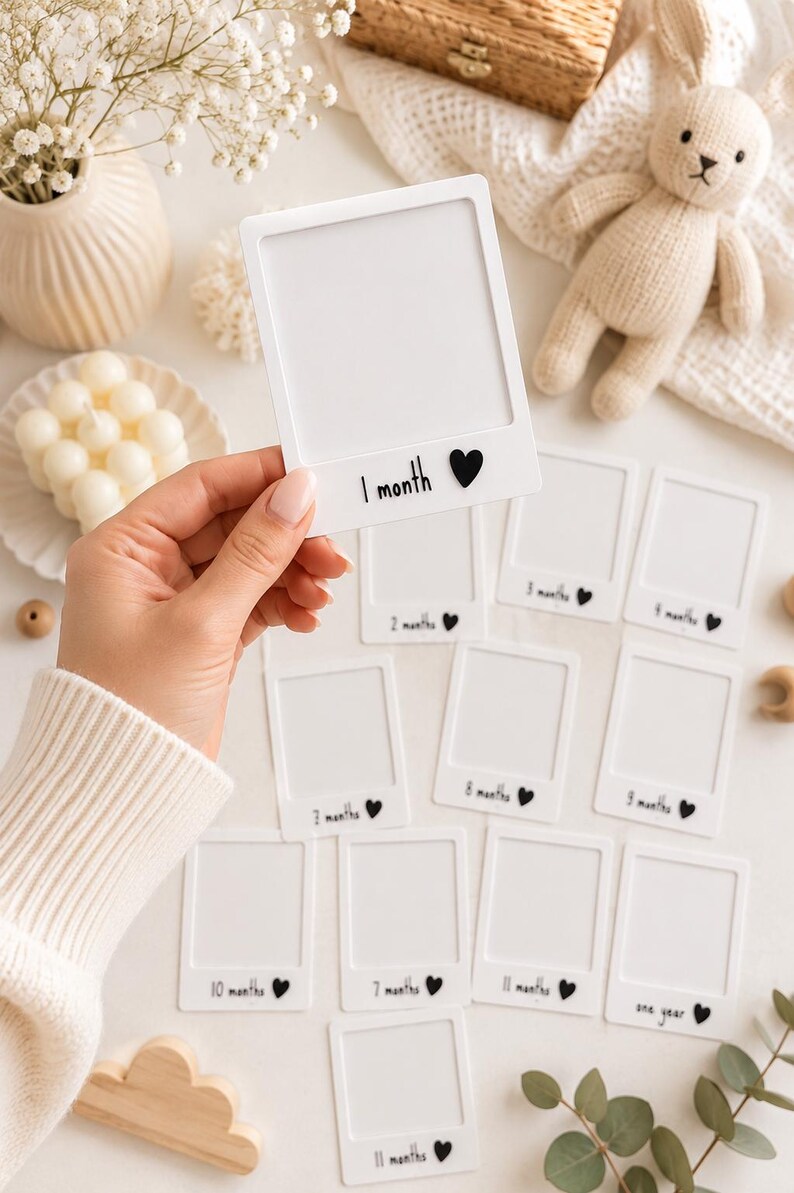 May include: A set of white, rectangular photo frames designed to look like instant film prints. Each frame features a black printed label indicating a month from 1 month to one year, accompanied by a small black heart icon next to the text.