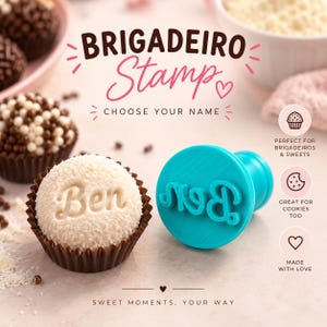 May include: A bright turquoise plastic stamp featuring the name Ben in cursive script, shown alongside a white round confection in a brown paper liner embossed with the same name. The image includes text reading BRIGADEIRO Stamp CHOOSE YOUR NAME.