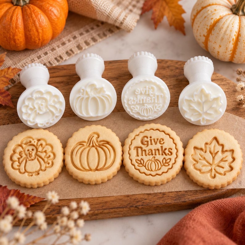 Four white Thanksgiving cookie stamps next to cookies showing a turkey, a pumpkin and a maple leaf