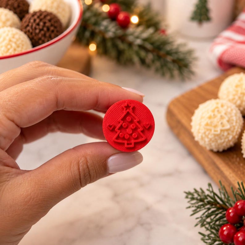 May include: A small, circular red stamp featuring a raised design of a Christmas tree topped with a star and decorated with small circles and hearts. The stamp has a textured surface and is held between fingers, showing the detailed embossed pattern.