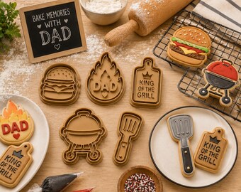 BBQ Cookie Cutter Set | Grill Burger Spatula Shapes | Baking Gift for Dad | Fondant Stamp | Set of 5
