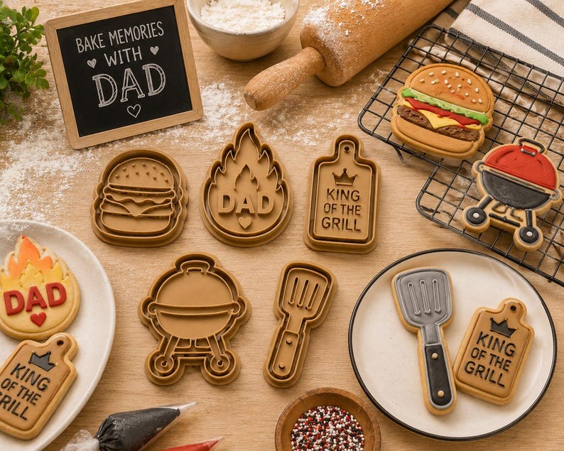 Father's Day BBQ cookie cutter set of 5 on a wood board