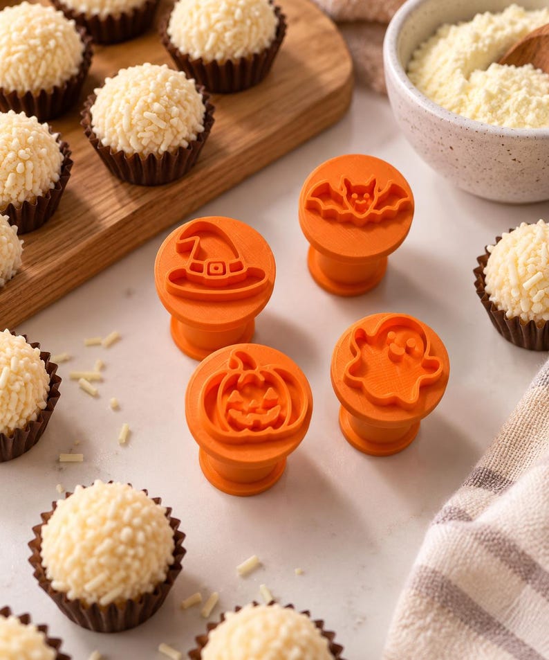 May include: Four orange plastic stamps for decorating food, each featuring a distinct Halloween-themed design: a witch hat, a bat, a pumpkin, and a ghost. These circular tools are arranged on a surface alongside several small white treats.