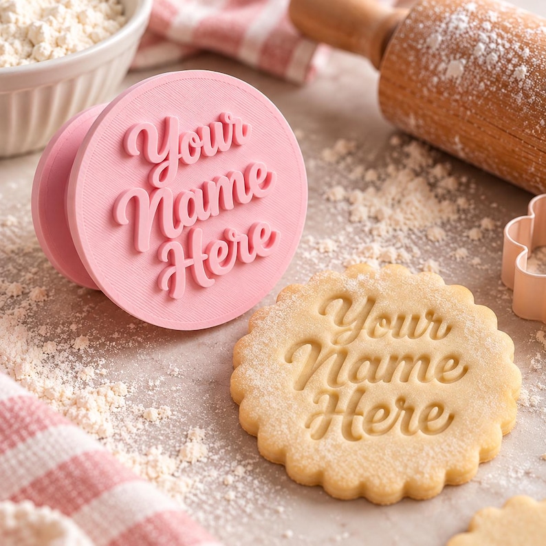 May include: A round pink cookie stamp featuring the raised text Your Name Here in a cursive font, positioned next to a scalloped-edge cookie with the same text impressed into the surface, surrounded by scattered flour and baking tools.