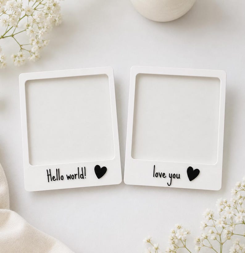 May include: Two white square photo frames with a classic instant camera border design. The left frame features the black text Hello world! and a black heart. The right frame features the black text love you and a black heart.