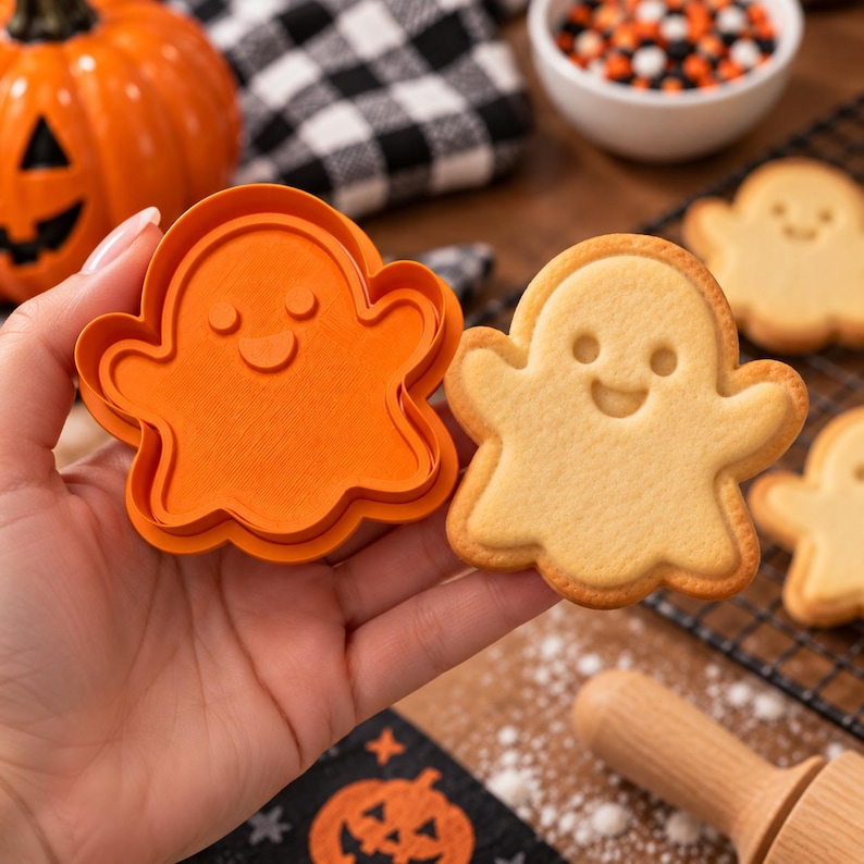 Personalized Halloween ghost cookie stamp and cutter held over a tray of cookies