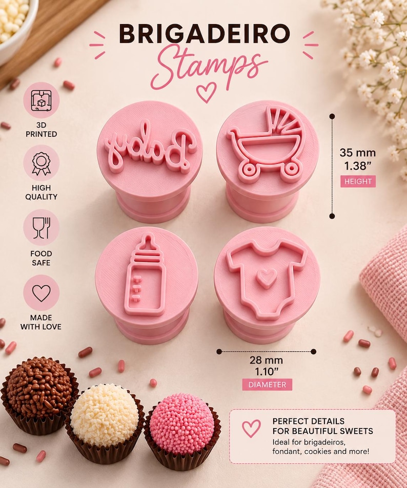 Baby shower stamp set with carriage, bottle and onesie designs pressed into treats
