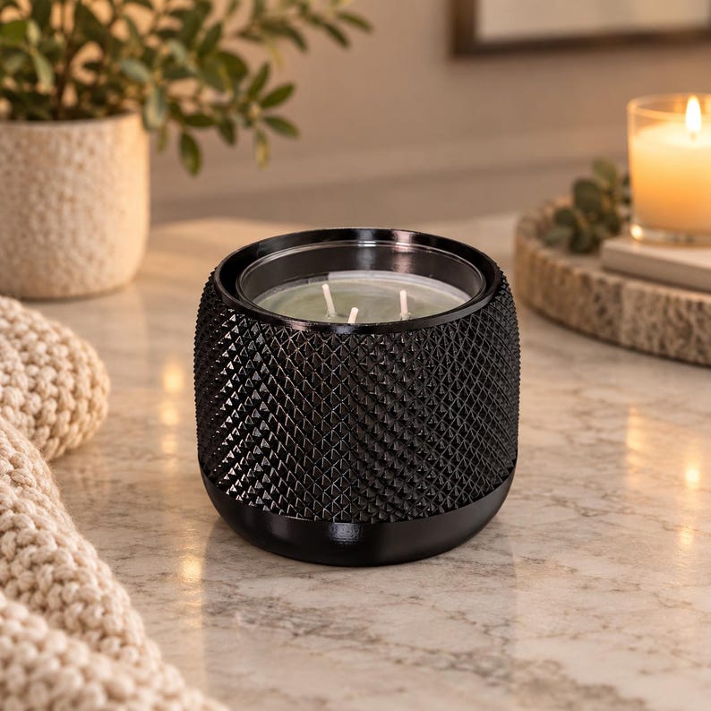 May include: A black candle in a cylindrical container with a textured, diamond-patterned exterior. The candle features three white wicks centered in light-colored wax. The container has a smooth, solid black base and a wide, open top rim.