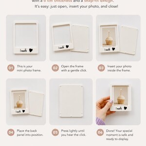 May include: A white mini photo frame with a snap-fit design and 6 cm thickness. The instructional graphic shows six steps for inserting a photo, featuring the text 'How to use', '1 month', and a heart icon. The frame is made of durable PLA plastic.
