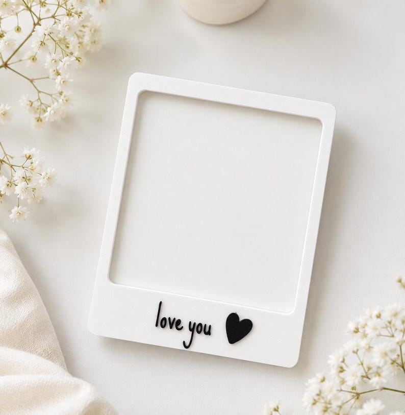 White polaroid-style photo frame with custom text and a small heart